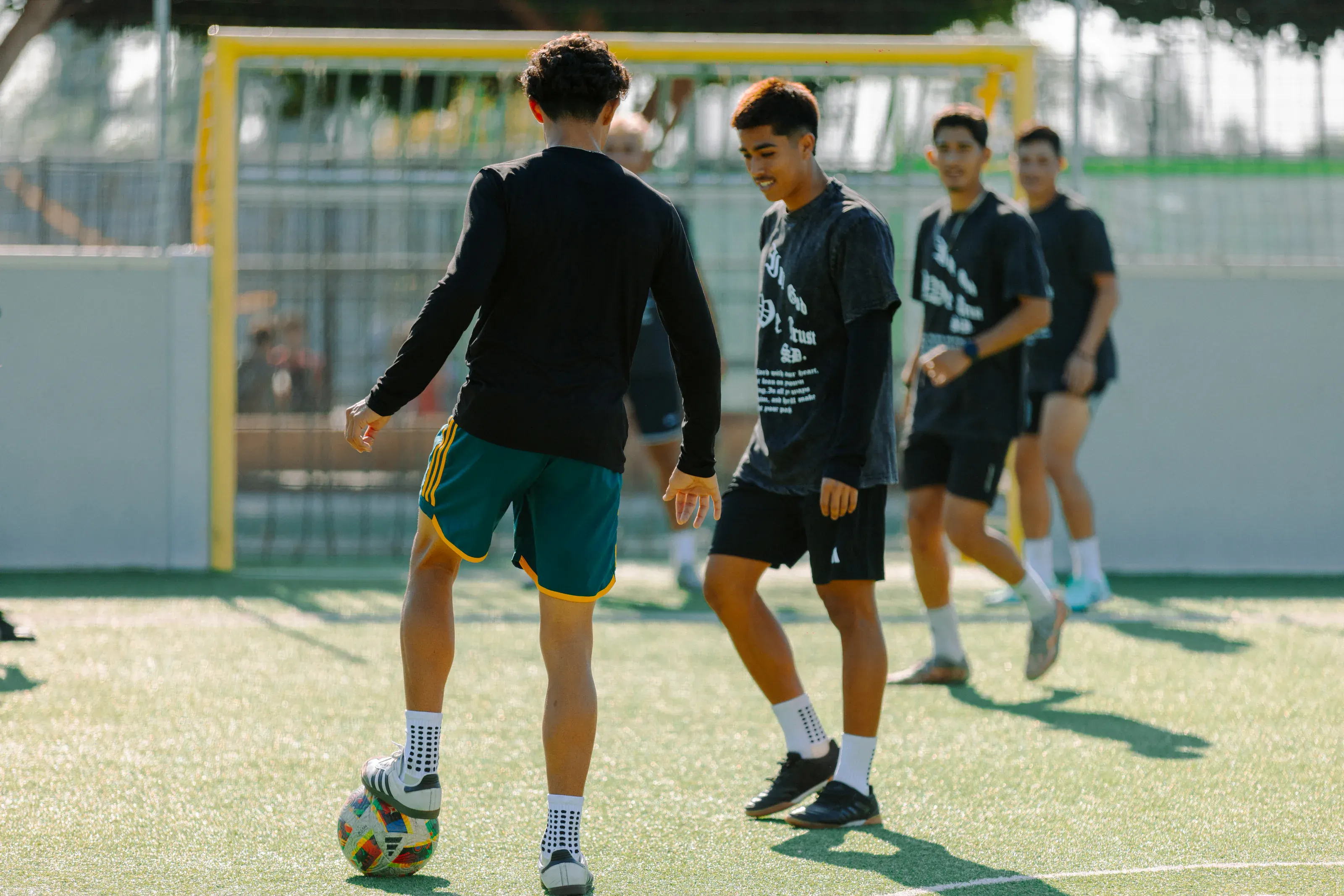 Candid player interaction captured during warmups